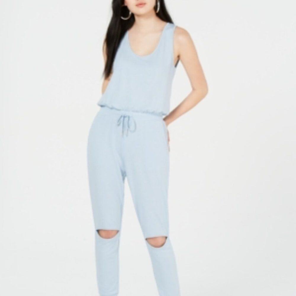 NWT Material Girl Jumpsuit Juniors XL Blue Pockets Elastic Waist Sleeveless